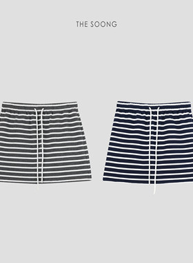 THESOONG/夏日时光 经典纯棉撞色条纹裤裙松紧腰女士A字短裙6929