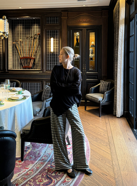 THESOONG/复古英伦黑白格子薄款松紧腰宽松垂感休闲阔腿裤女6623