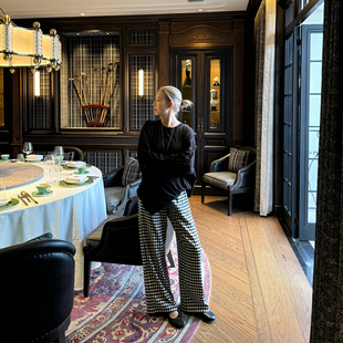 女6623 松紧腰宽松垂感休闲阔腿裤 THESOONG 复古英伦黑白格子薄款