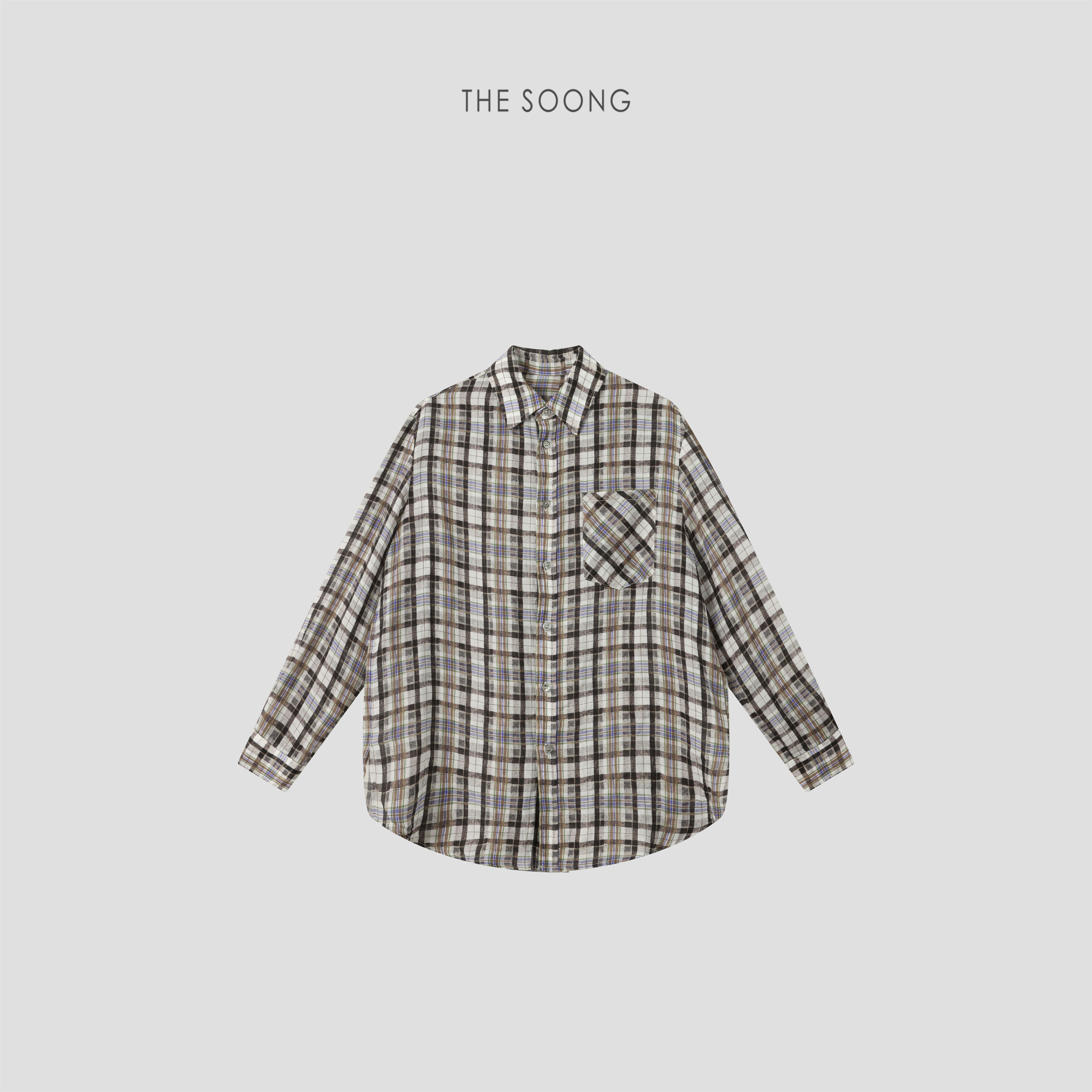 THESOONG/隐形嵌条 高支苎麻天丝贝母扣宽松格子衬衫外套女8759