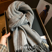 高级灰色100%WOOL纯羊毛围巾女缝线设计双面羊毛披肩冬季 保暖围脖
