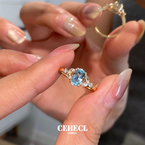 s925纯银海蓝宝戒指女轻奢食指戒