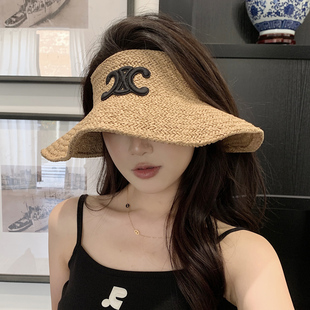 防曬帽度假出游大檐遮陽帽可折疊草編空頂帽 凱旋門拉菲草帽女夏季
