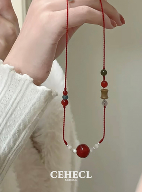 新中式红玛瑙石和田玉串珠毛衣链编织红绳本命年锁骨链国风项链女