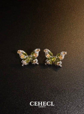 橄榄绿色满钻蝴蝶超仙耳环s925银针复古精致轻奢耳钉高级感耳饰品