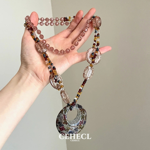 复古辣妹风蝶纹圆片项链女y2k亚文化时髦个性长款串珠毛衣链配饰