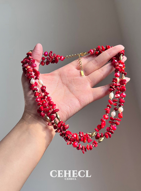 复古红色繁花不规则玛瑙碎石项链