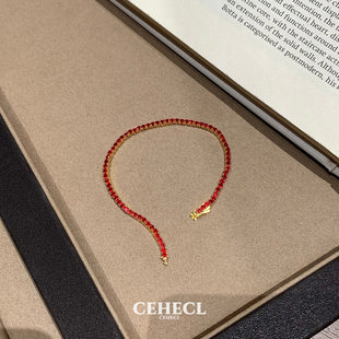 新年红氛围感满钻锆石手链925纯银轻奢高级感新中式红色手饰配饰