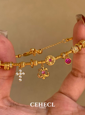 中古鸢尾花闪钻十字架盘缠手链女