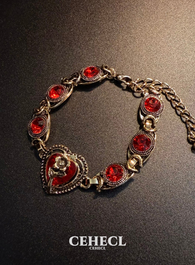 复古红色爱心玫瑰花手链女宫廷风