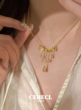 水滴流苏吊坠金色流光瀑布项链女