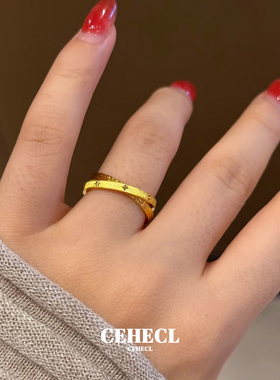 精致细边指环拉丝交叉双环戒指女