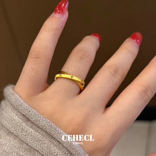 精致细边拉丝交叉双环戒指女不掉色高级感食指戒复古老钱金色指环