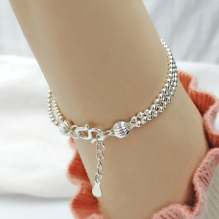 纯银手链多层三圈圆珠999足银手串女小珠子手饰品ins小众生日礼物