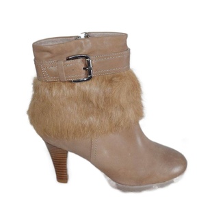 真毛装 饰油蜡牛皮女短靴防滑底圆头真皮女靴高跟全皮靴子2779010