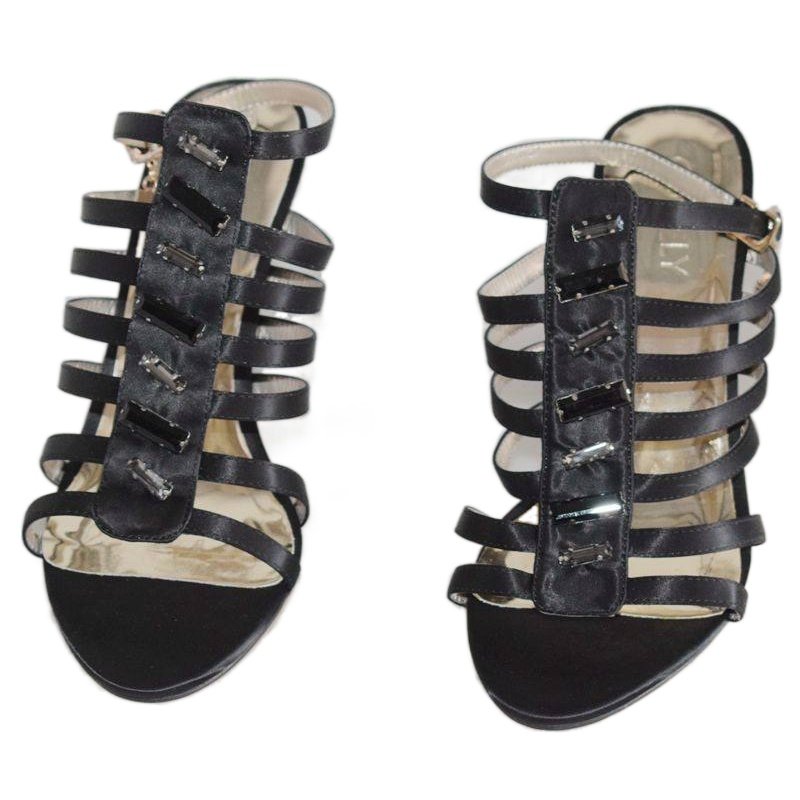 露趾搭扣水钻装饰黑色鱼骨细带高跟沙丁布仙女气质凉鞋2301902