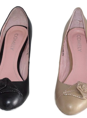 品牌撤柜头层羊皮圆头女鞋烫钻真皮花朵细跟时尚春秋单鞋 2130813