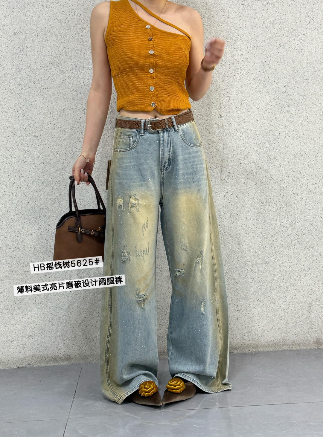 5625春夏新款韩版气质百搭美式亮片磨破设计阔腿裤休闲牛仔裤女潮