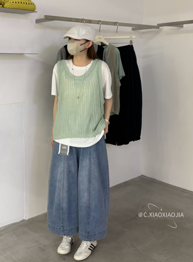 6551夏季韩版气质百搭休闲叠穿镂空马甲上衣两件套宽松短袖t恤女