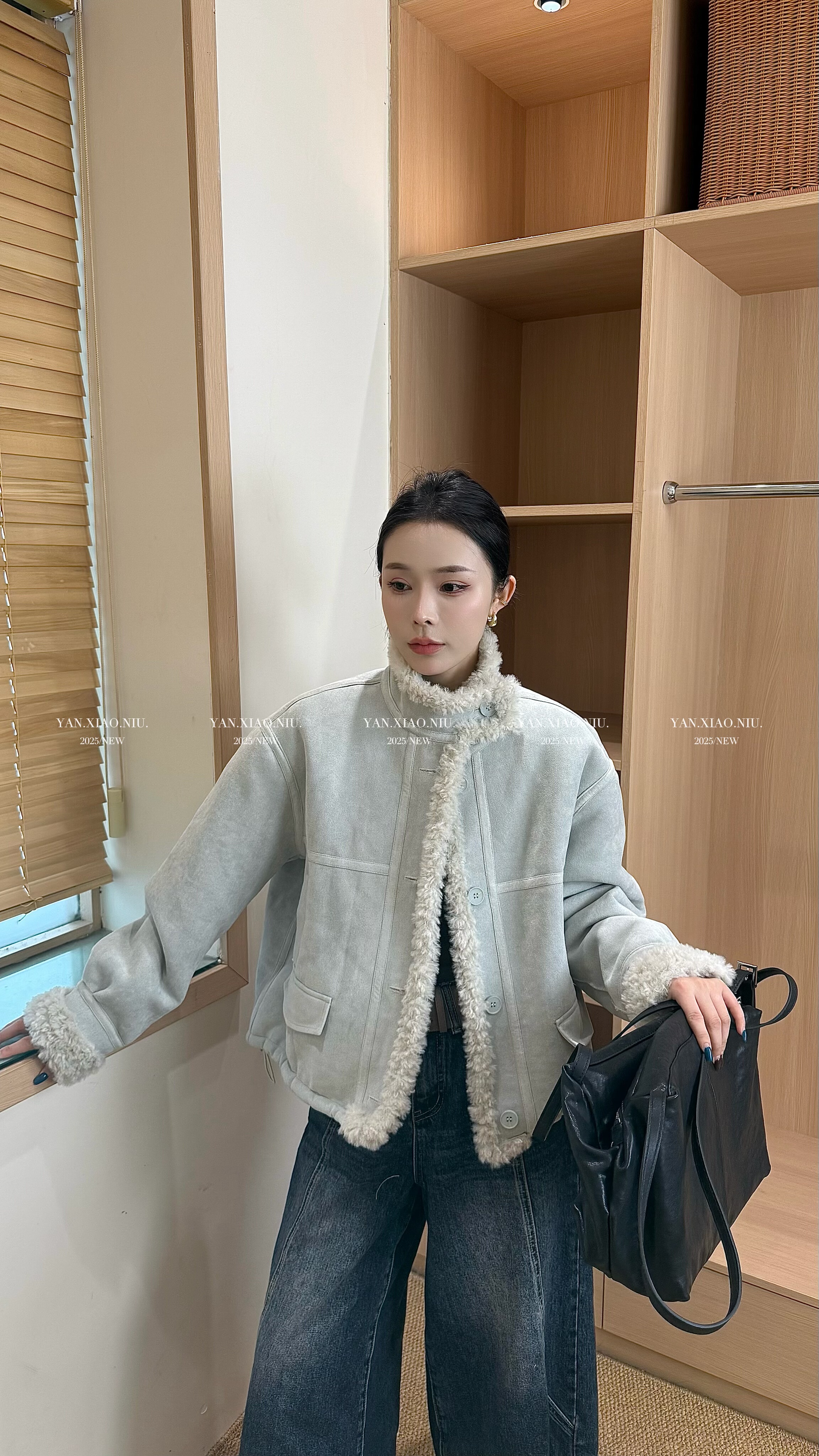 66073冬季韩版气质显瘦立领皮毛一体上衣休闲加厚保暖毛毛外套女