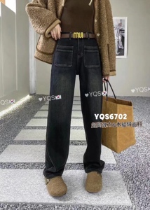 6702好品质秋冬新款韩版加绒加厚阔腿裤双口袋牛仔裤显瘦长裤女潮