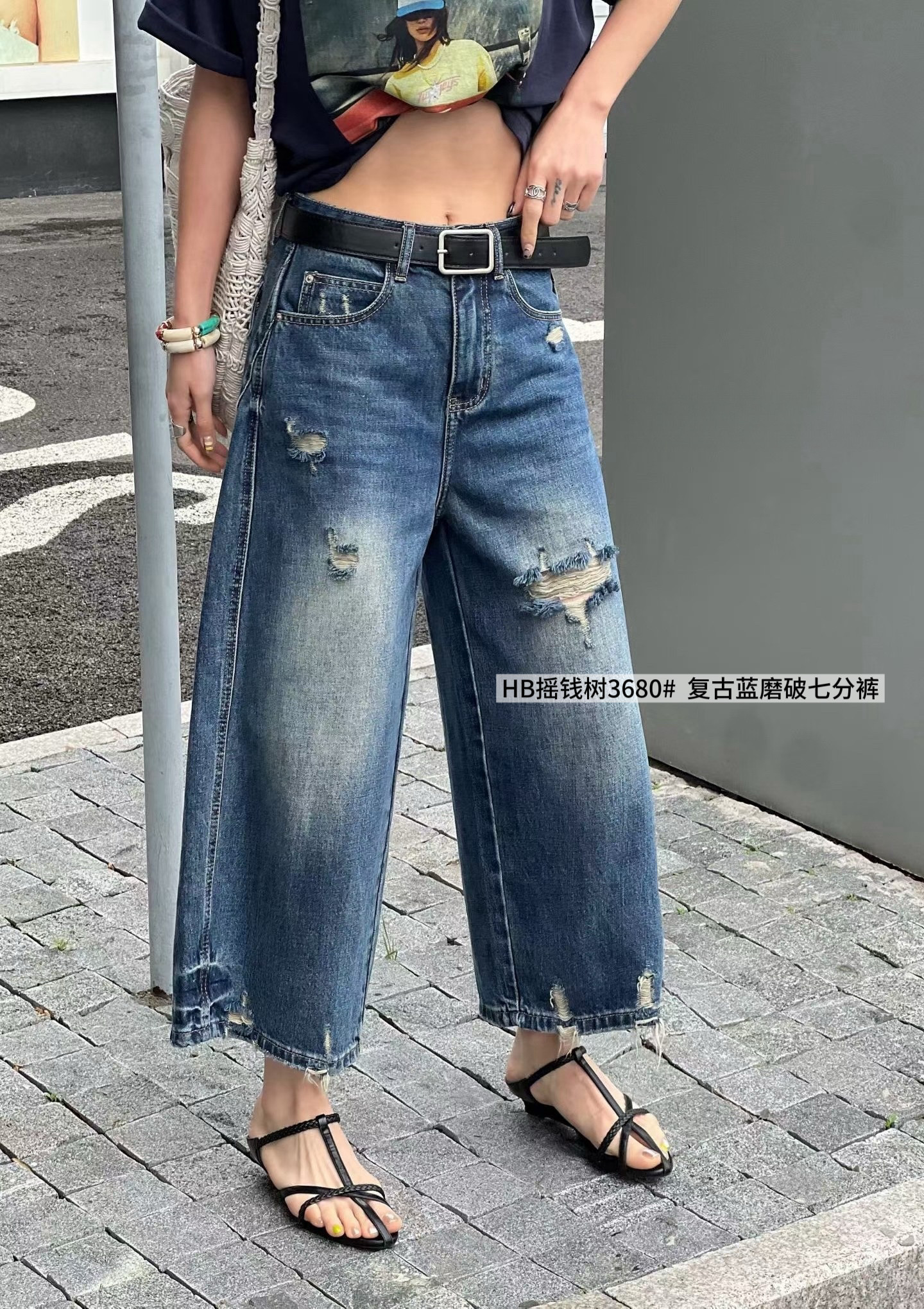 3680夏季新款韩版气质百搭高腰显瘦复古蓝磨破七分裤休闲牛仔裤女