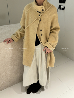 1263秋冬新款韩版立领双面羊毛大衣显瘦附带小包包中长款毛呢外套