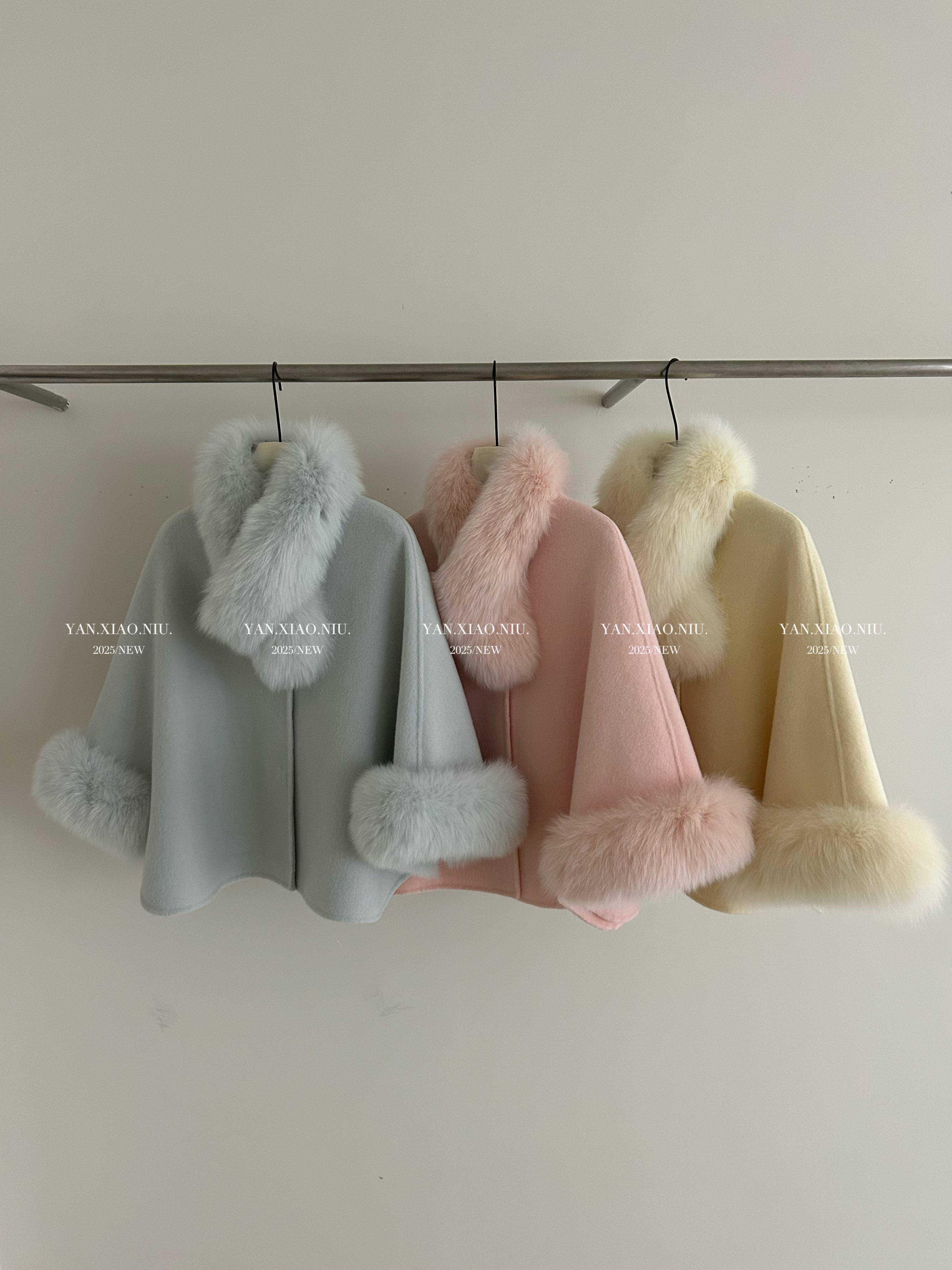 2511-04冬季狐狸毛斗篷短款双面羊毛外套千金感温柔气质毛呢大衣