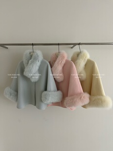 2511-04冬季狐狸毛斗篷短款双面羊毛外套千金感温柔气质毛呢大衣