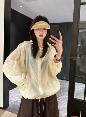 26070夏季新款韩版气质百搭宽松显瘦抽绳连帽拉链防晒薄款外套女