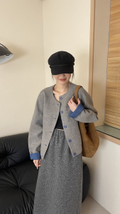 6183韩系复古撞色毛呢小香风短外套女秋季新款宽松圆领排扣上衣潮