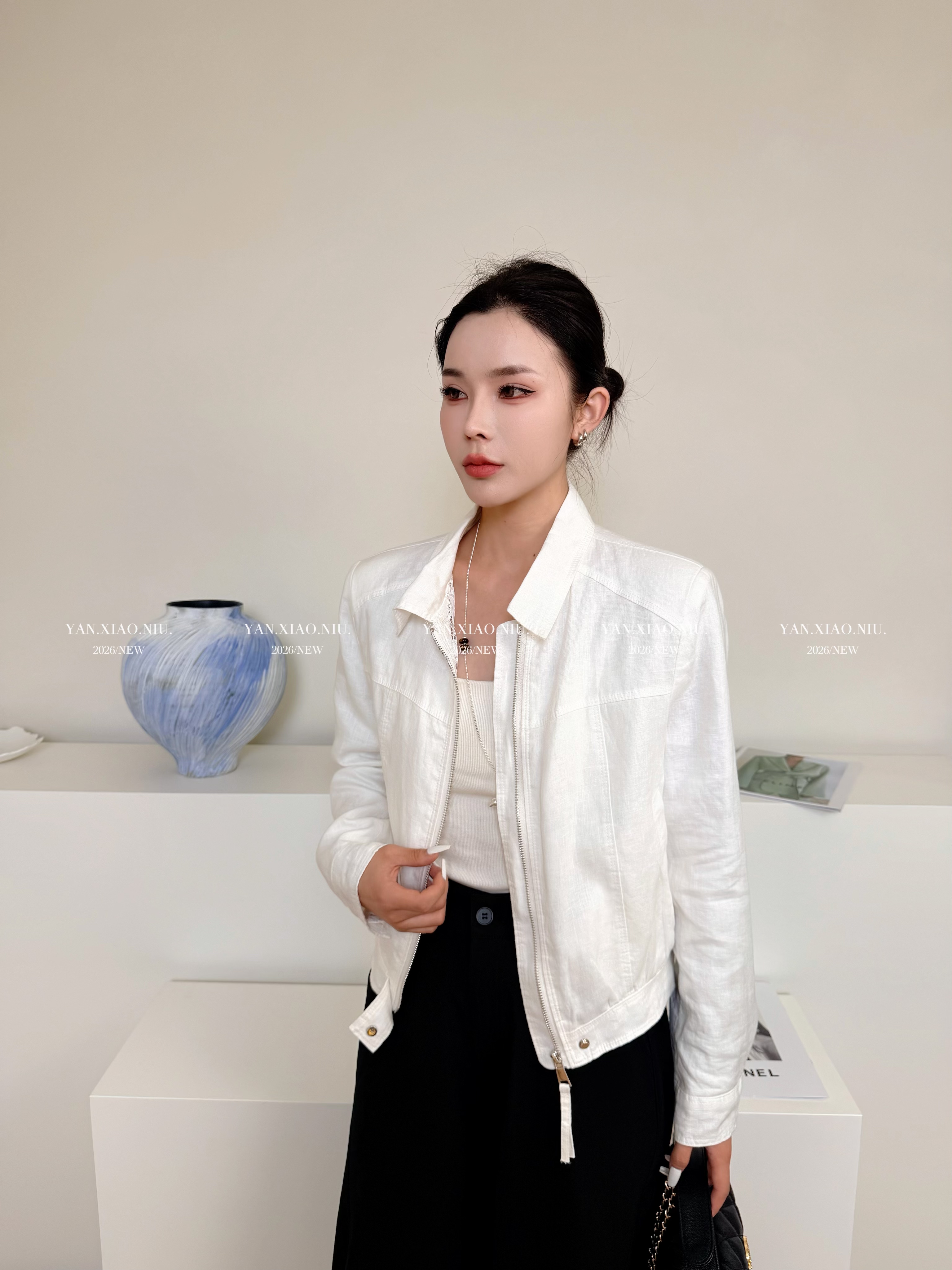 5872春夏新款韩版气质百搭宽松显瘦翻领拉链麻料外套休闲夹克上衣