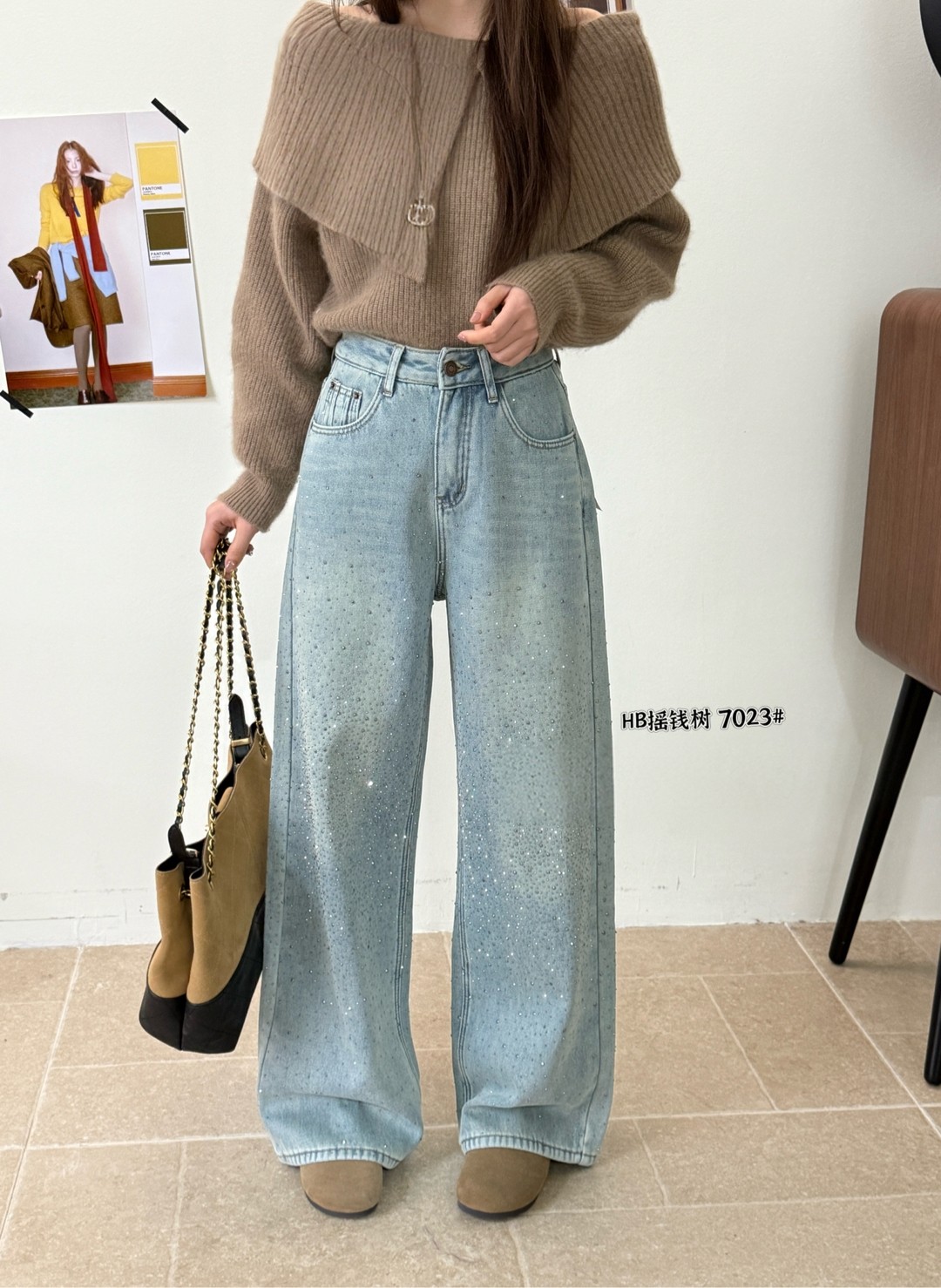 7023冬季新款韩版气质百搭重工烫钻高腰显瘦加绒加厚阔腿裤牛仔裤