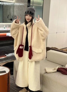 25200冬季新款韩版气质百搭宽松大版显瘦皮毛一体立领羊羔毛外套