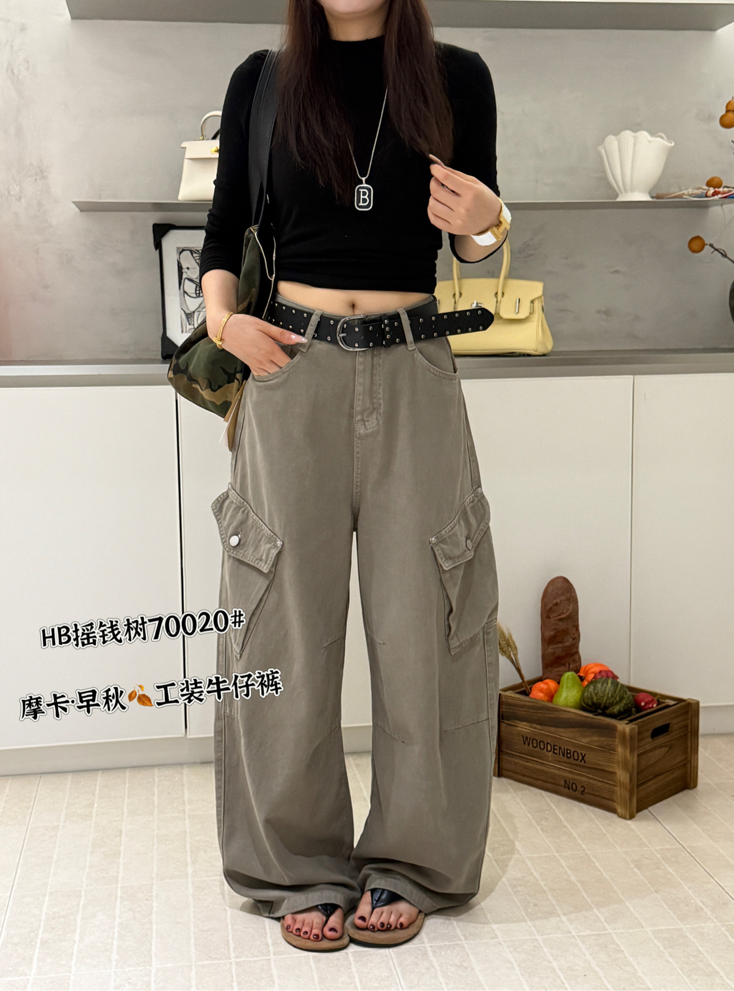 70020早秋新款韩版气质百搭高腰显瘦口袋工装裤时尚休闲牛仔裤女
