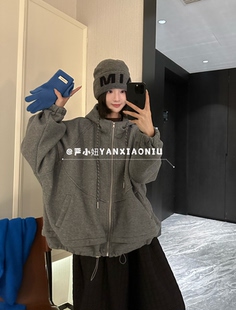 26156秋冬新款韩版气质百搭宽松大版显瘦连帽抽绳设计卫衣外套女