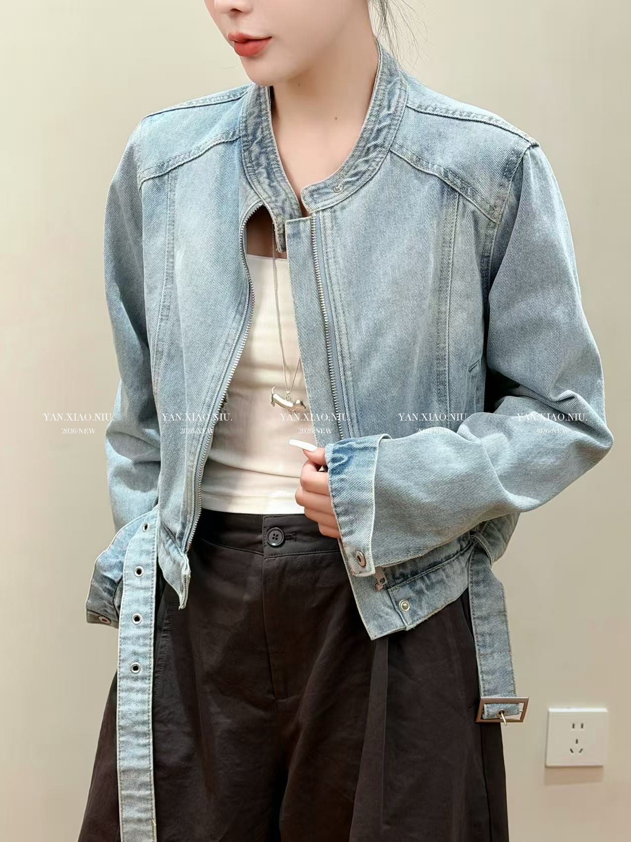 57003春季新款韩版气质百搭立领拉链设计感长袖外套牛仔夹克上衣