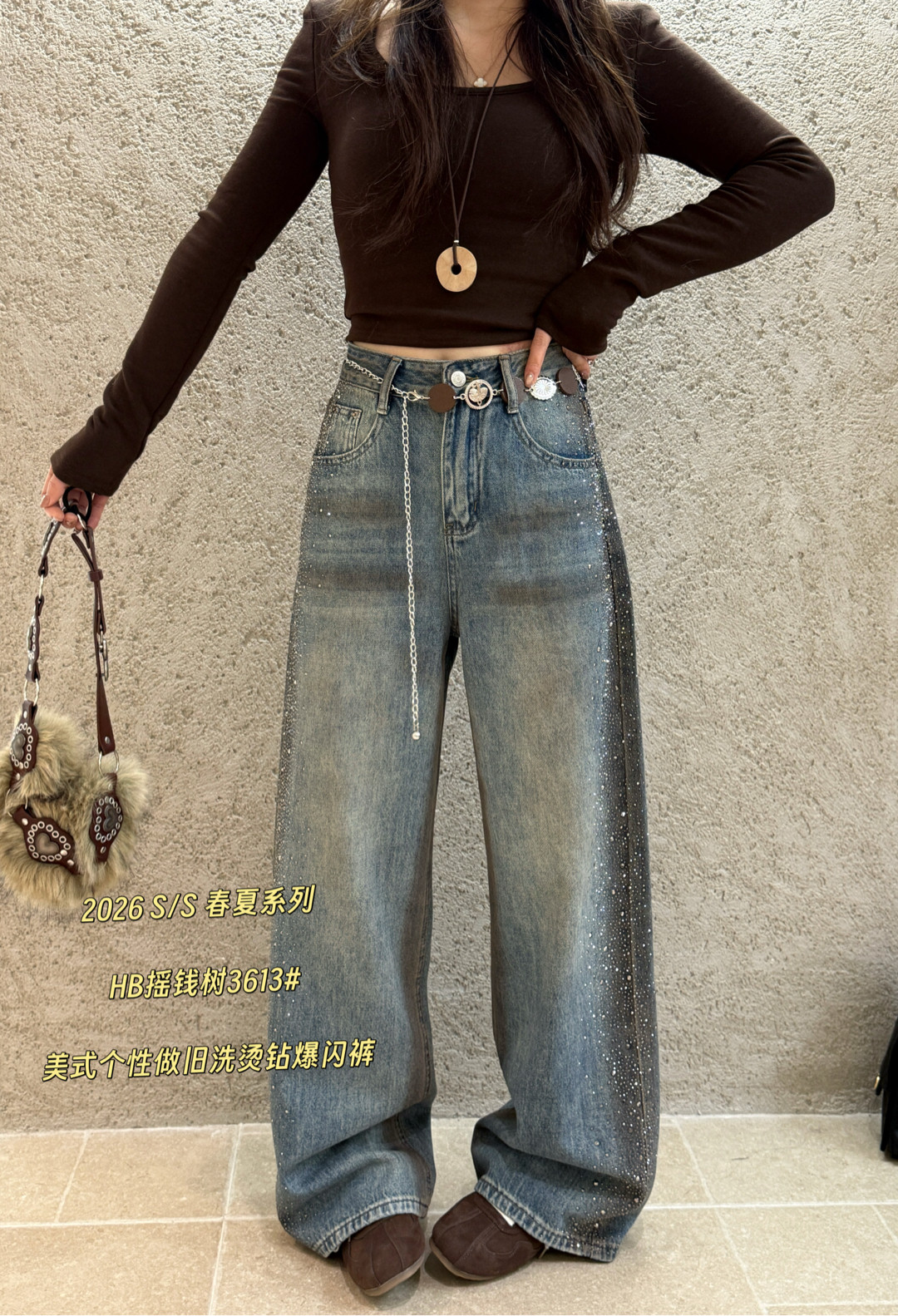 3613春季新款韩版气质百搭显瘦美式个性做旧烫钻爆闪裤休闲牛仔裤