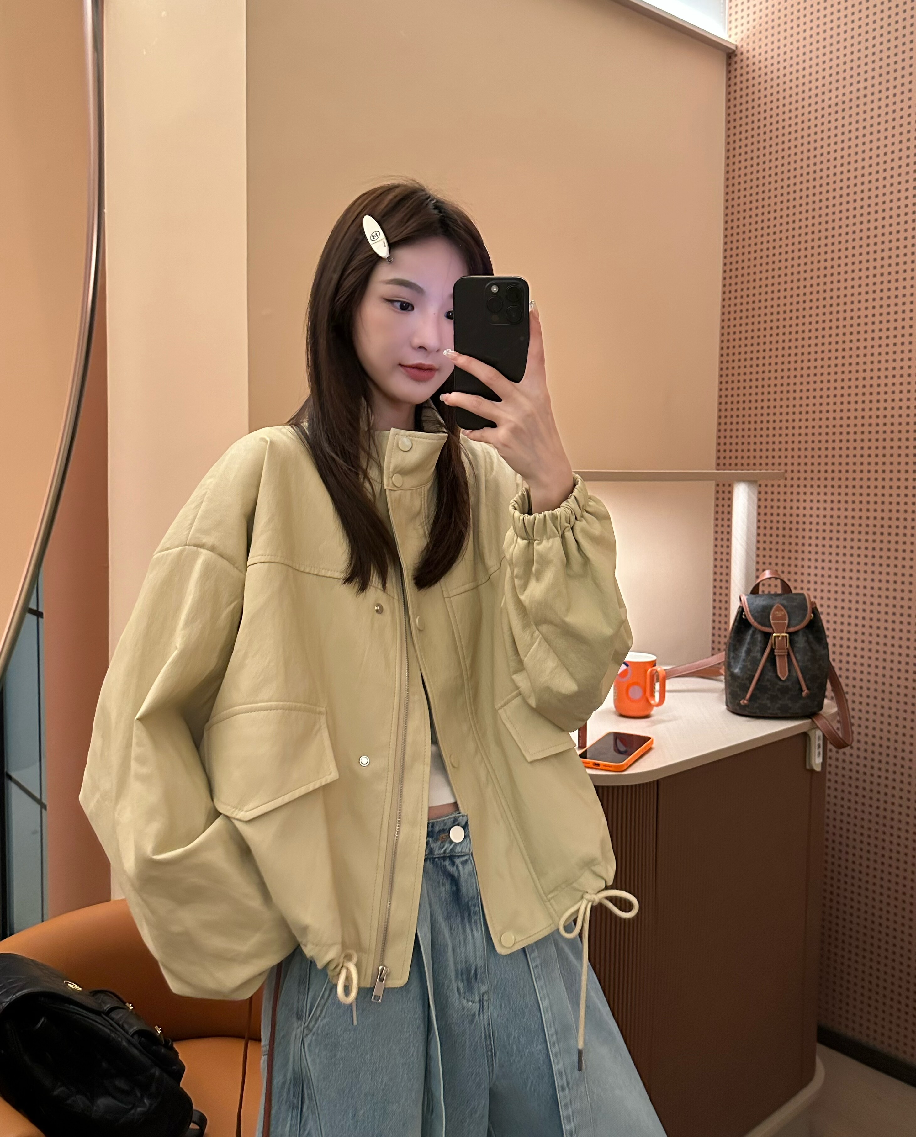 26008春季韩版气质百搭宽松显瘦抽绳设计感立领工装上衣皮外套女