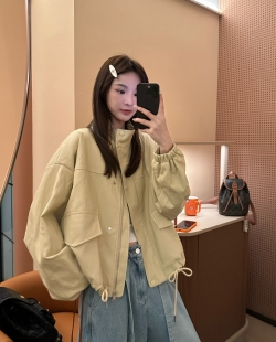 上衣皮外套女 气质百搭宽松显瘦抽绳设计感立领工装 26008春季 韩版