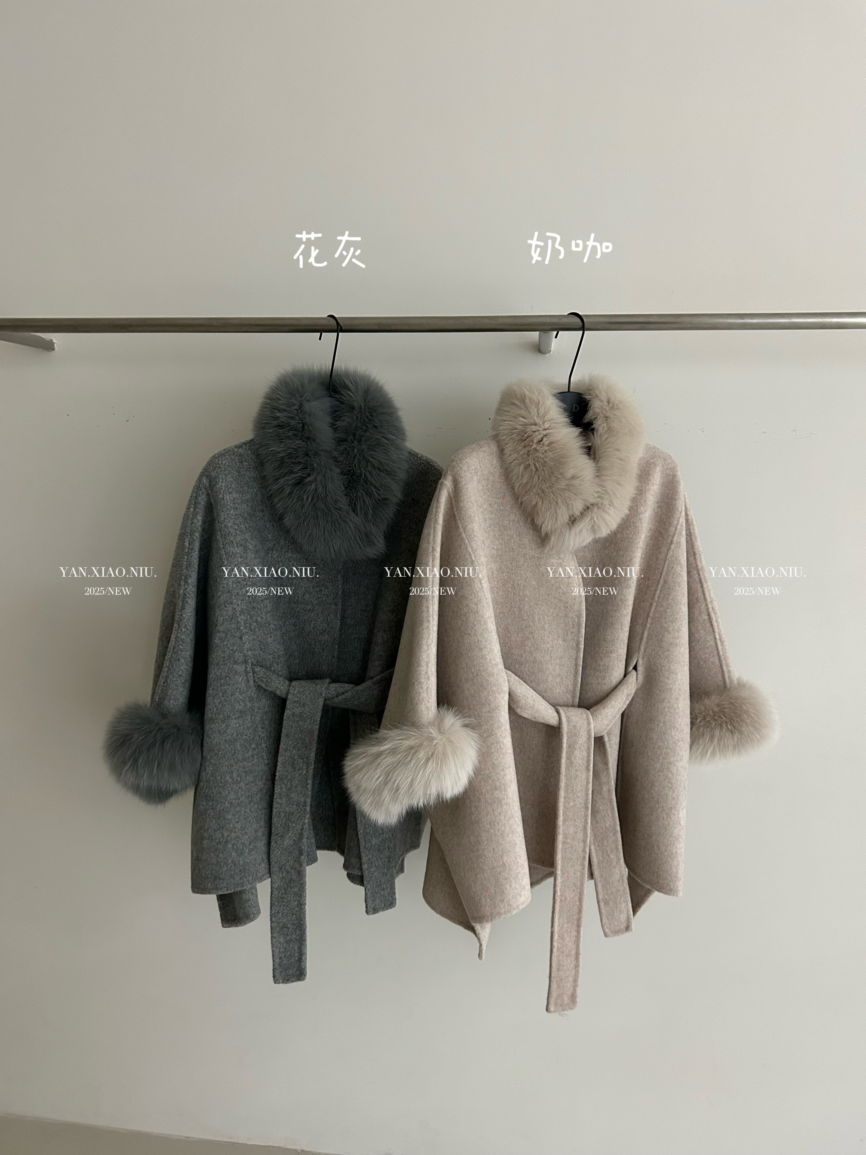 2505-35冬季韩版气质百搭显瘦真毛领双面羊毛大衣系带毛呢外套女