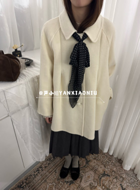 2313冬季新款韩版百搭宽松显瘦波点系带翻领双面羊毛大衣毛呢外套