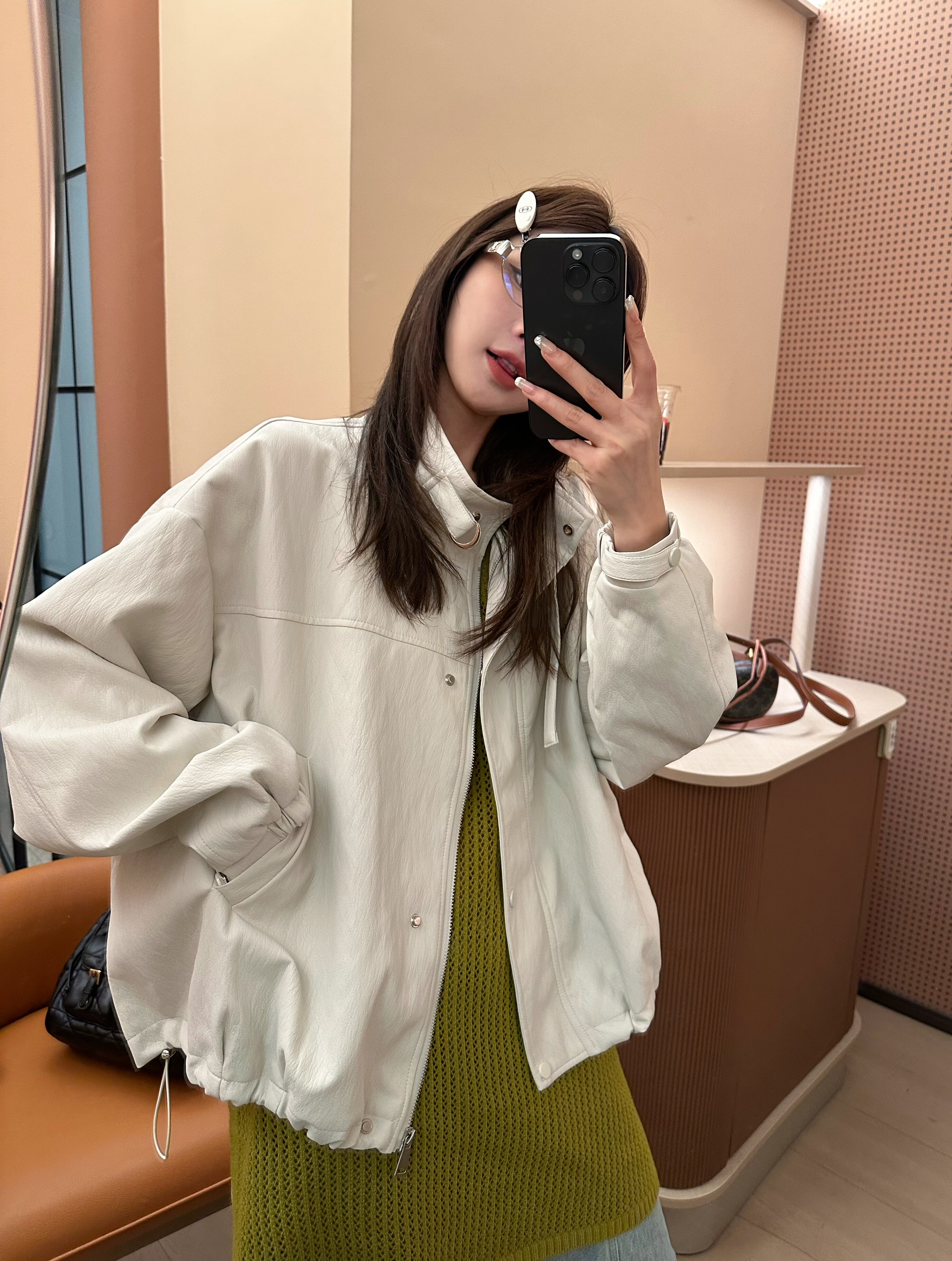 26010春季新款韩版气质百搭休闲宽松显瘦立领拉链设计感皮衣外套