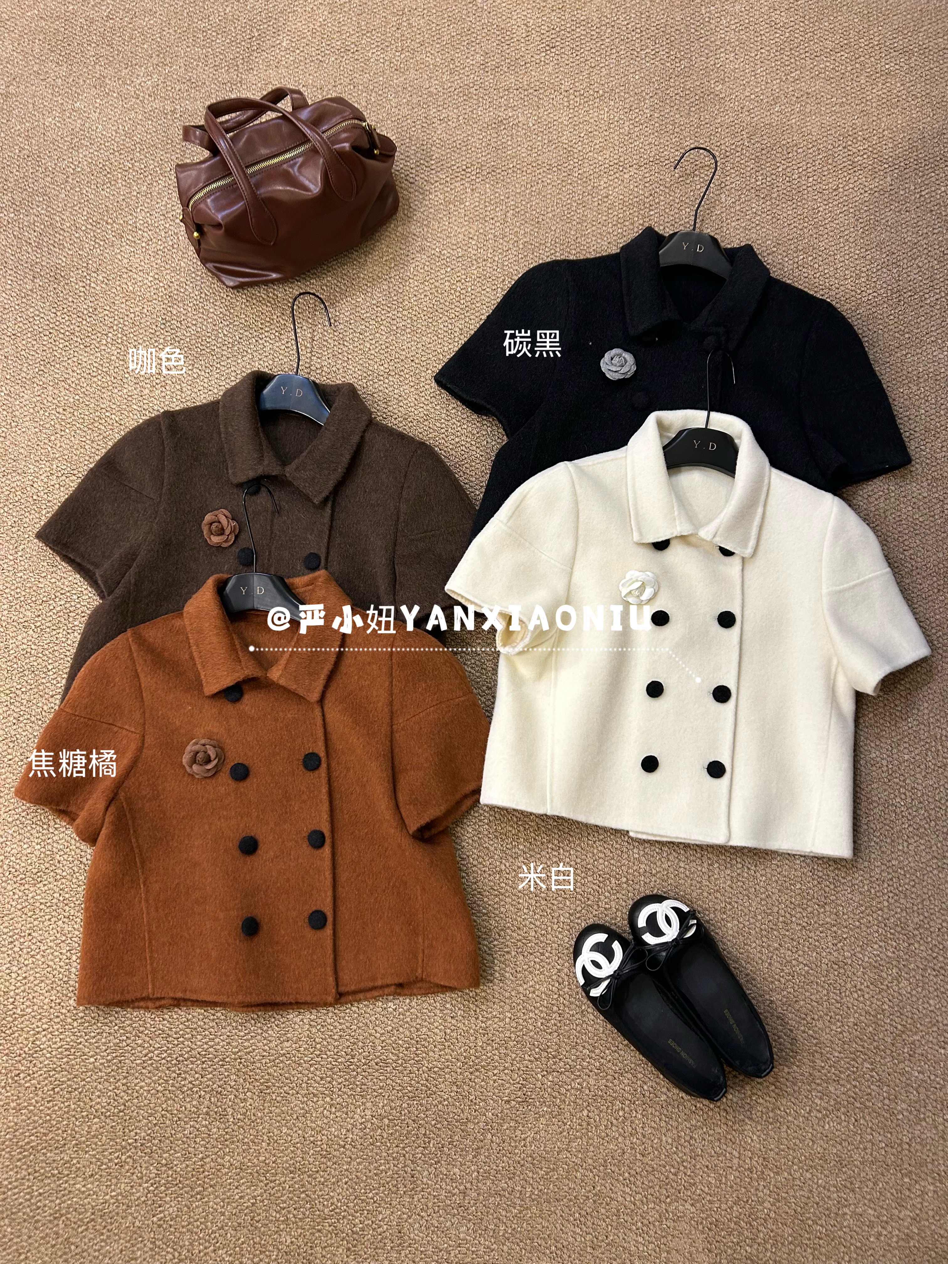 26129-38韩版气质百搭简约显瘦翻领双排扣短袖双面羊毛上衣外套女
