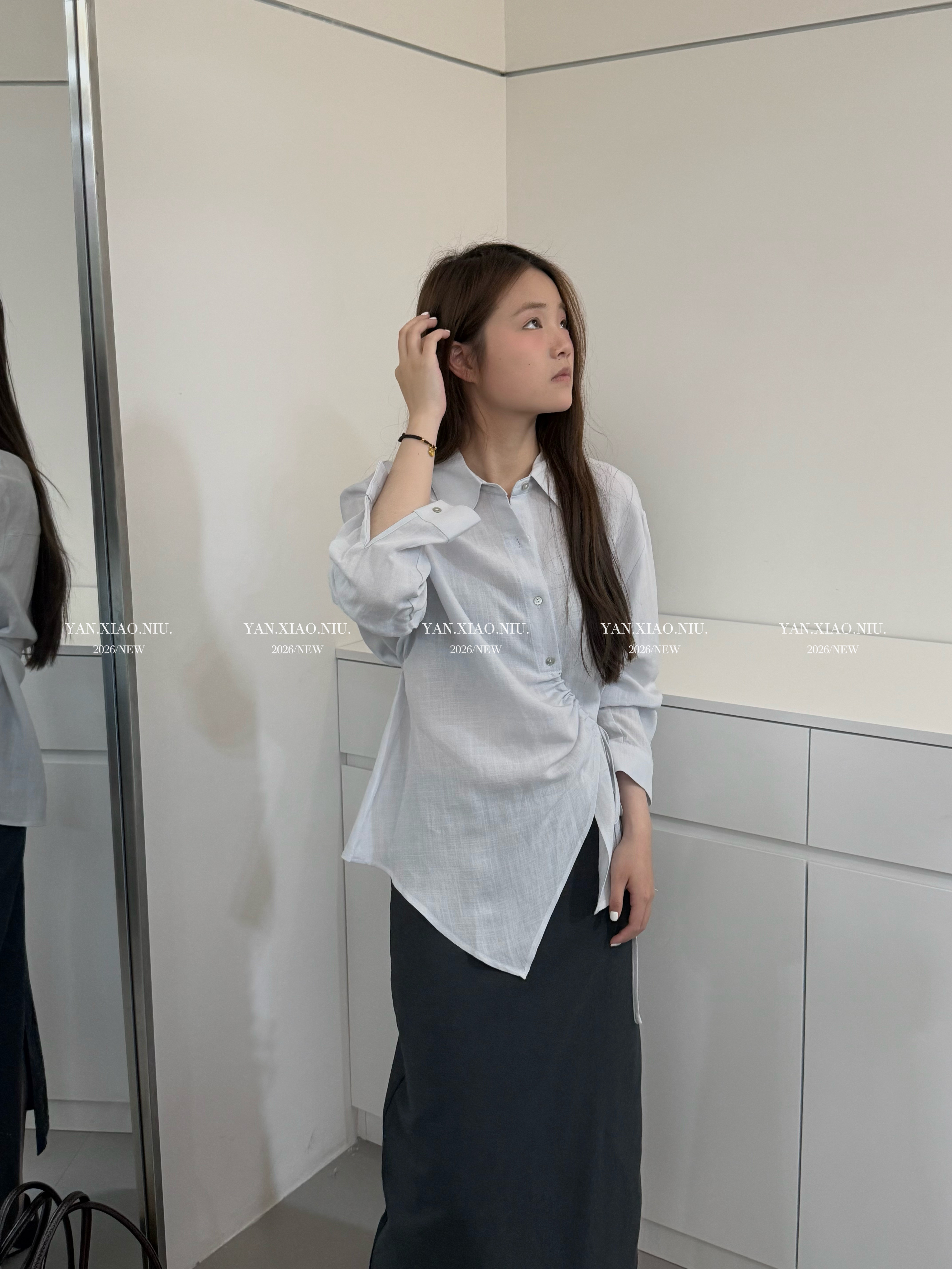 1611春夏韩版通勤风设计感系带设计天丝衬衫宽松显瘦百搭翻领上衣