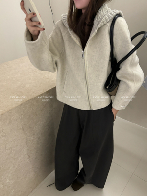 8170秋冬新款双面羊毛大衣女短款连帽拉链小个子百搭显瘦毛呢外套