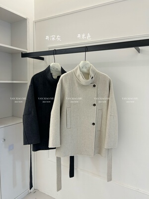 8118-66韩系休闲宽松显瘦系带双面羊毛大衣中长款立领毛呢外套女