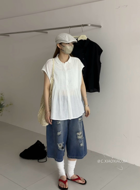 6570夏季新款韩版气质简约百搭宽松显瘦褶皱设计小翻领衬衫上衣女