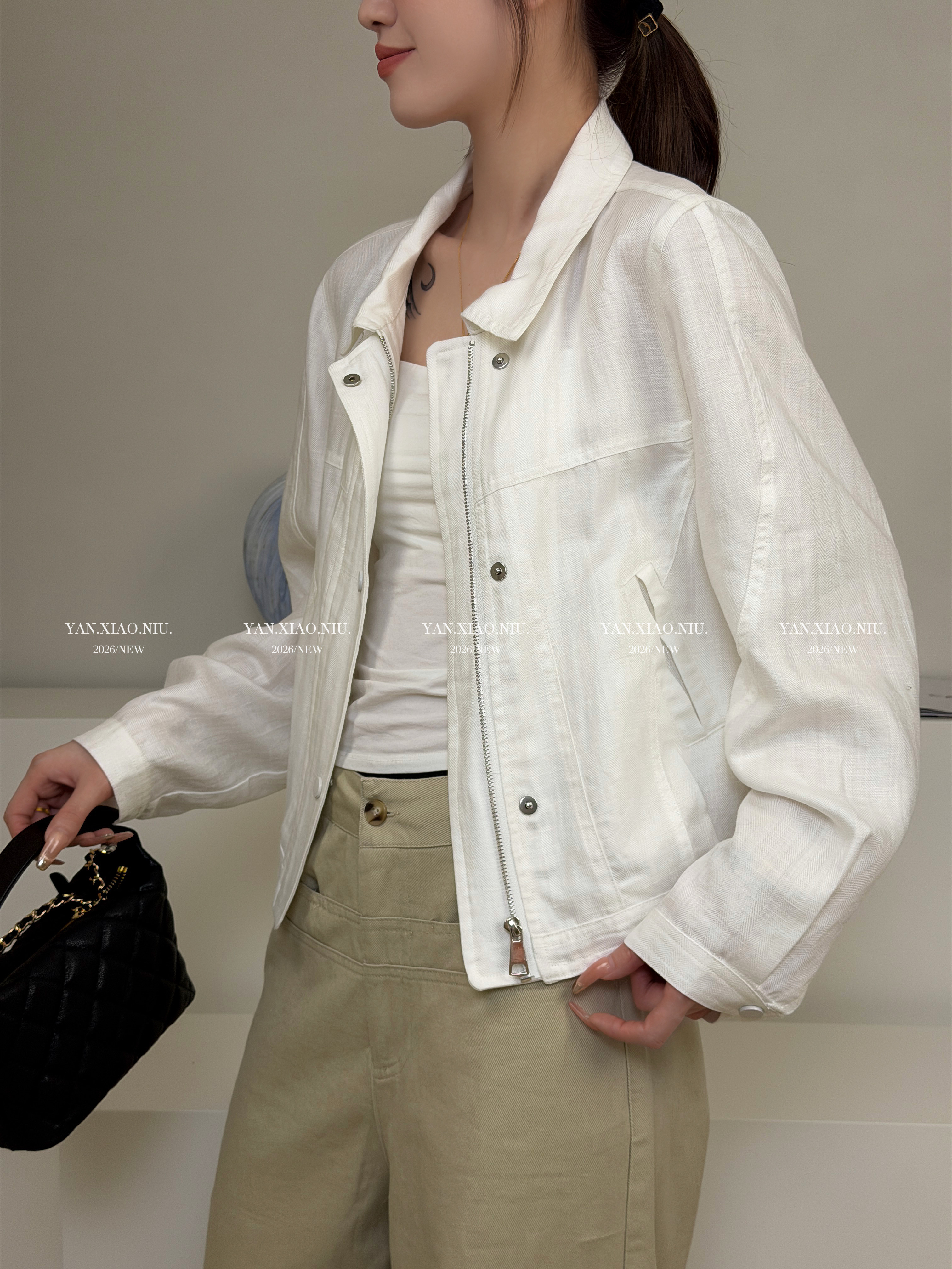 87010春夏新款韩版气质百搭休闲宽松显瘦翻领拉链麻料薄外套上衣