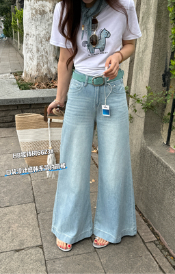 6623春夏新款韩版气质百搭高腰显瘦口袋设计感简约阔腿筒裤牛仔裤